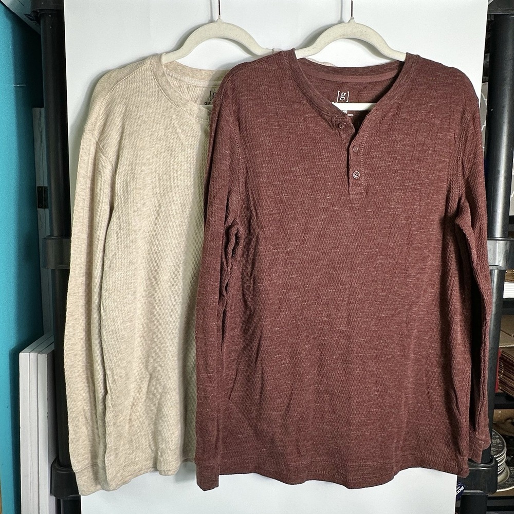 George Waffle Knit Henley Shirts Lot of 2 Beige Burgundy Long Sleeve Mens LG